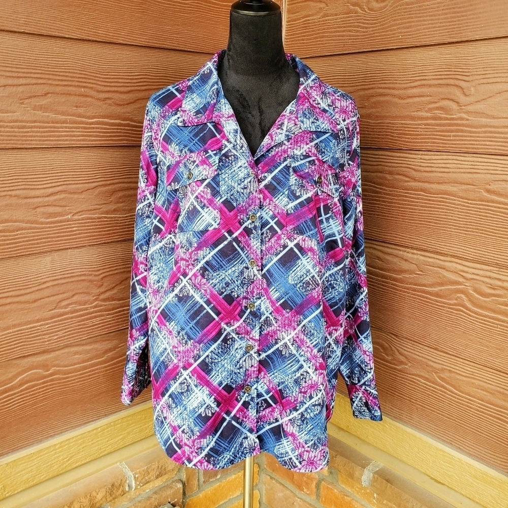 Pappagallo Vintage Abstract Tartan Print Long Sleeve Floral Button Down Shirt